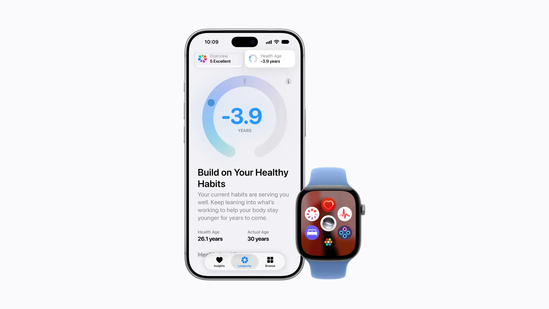 Apple Health Age on iPhone showing -3.9 years next to an Apple Watch