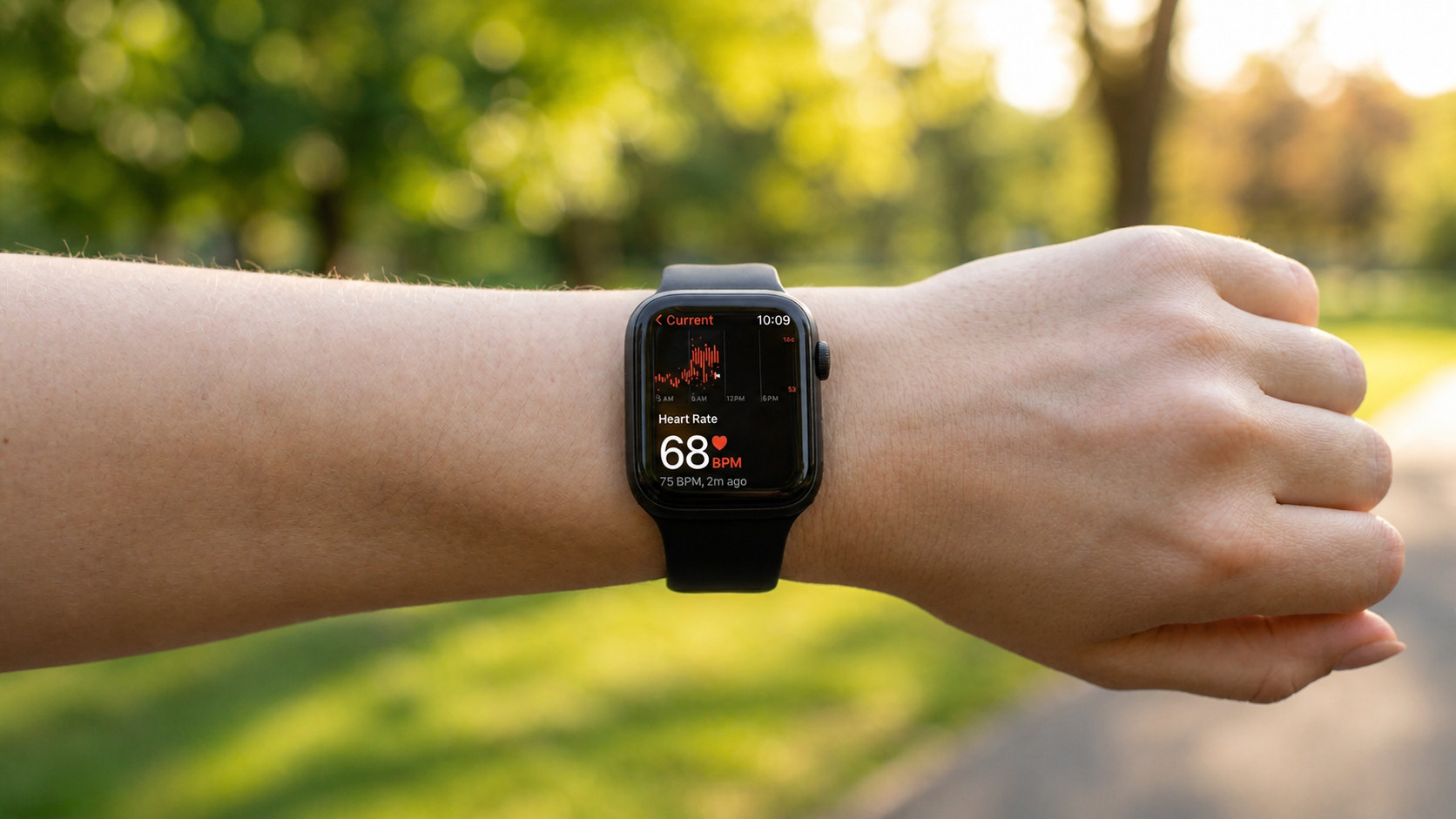 Apple Watch showing a heart rate reading on a wrist outdoors
