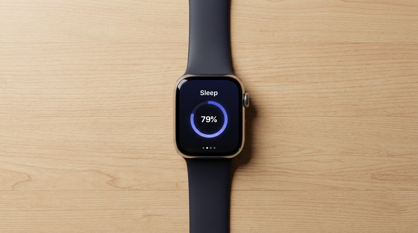 An Apple Watch with a dark sport band showing its sleep screen on a light wooden table