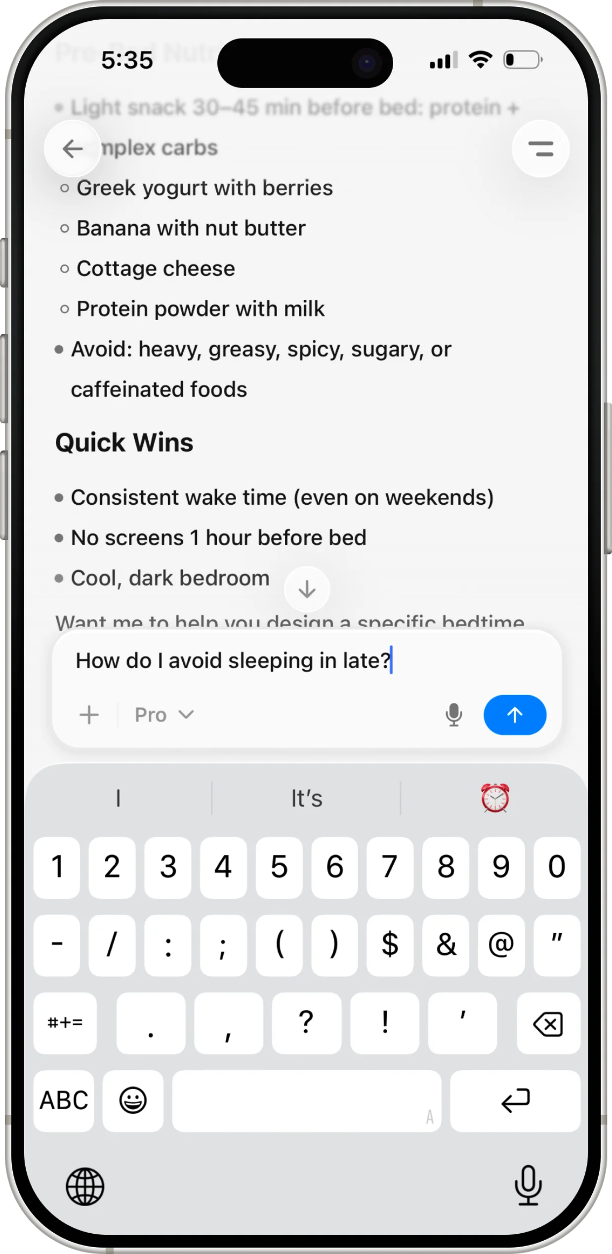 Ness app chat answering a health question with advice grounded in the user's sleep data.