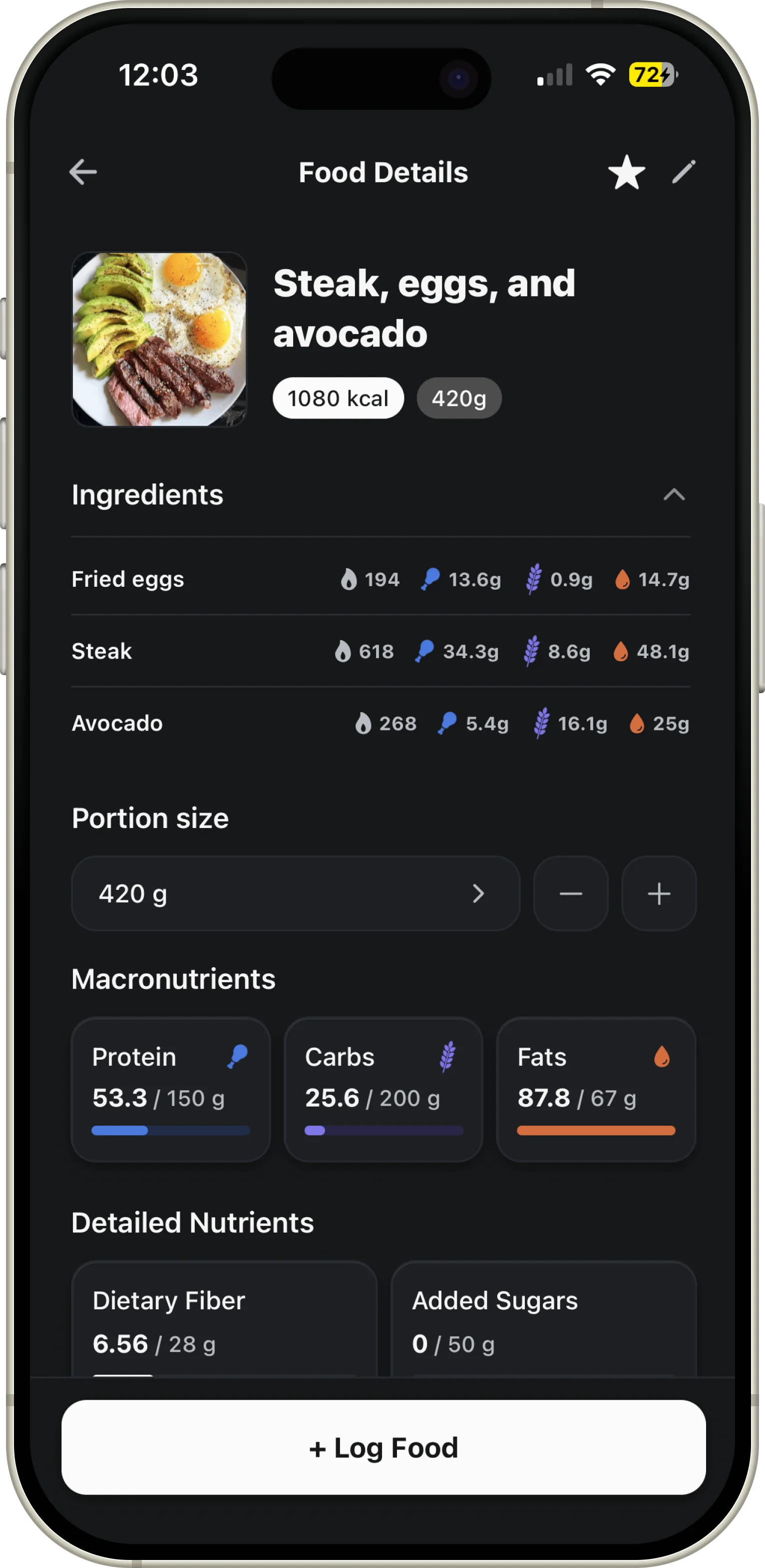 Ness app food screen showing a logged meal with estimated calories and macronutrients.