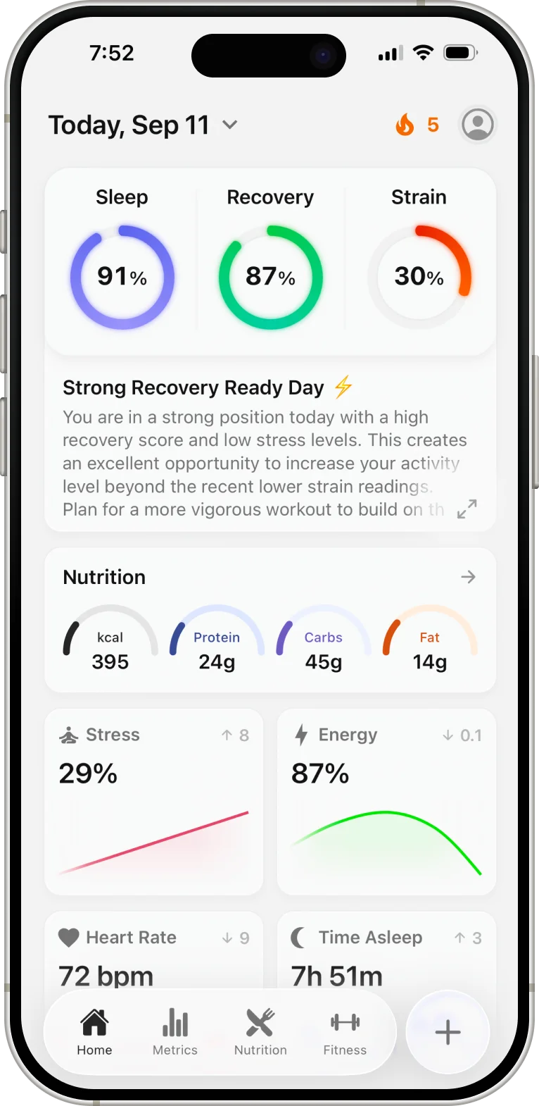 Ness app home dashboard showing recovery, sleep, strain, and nutrition scores for today.