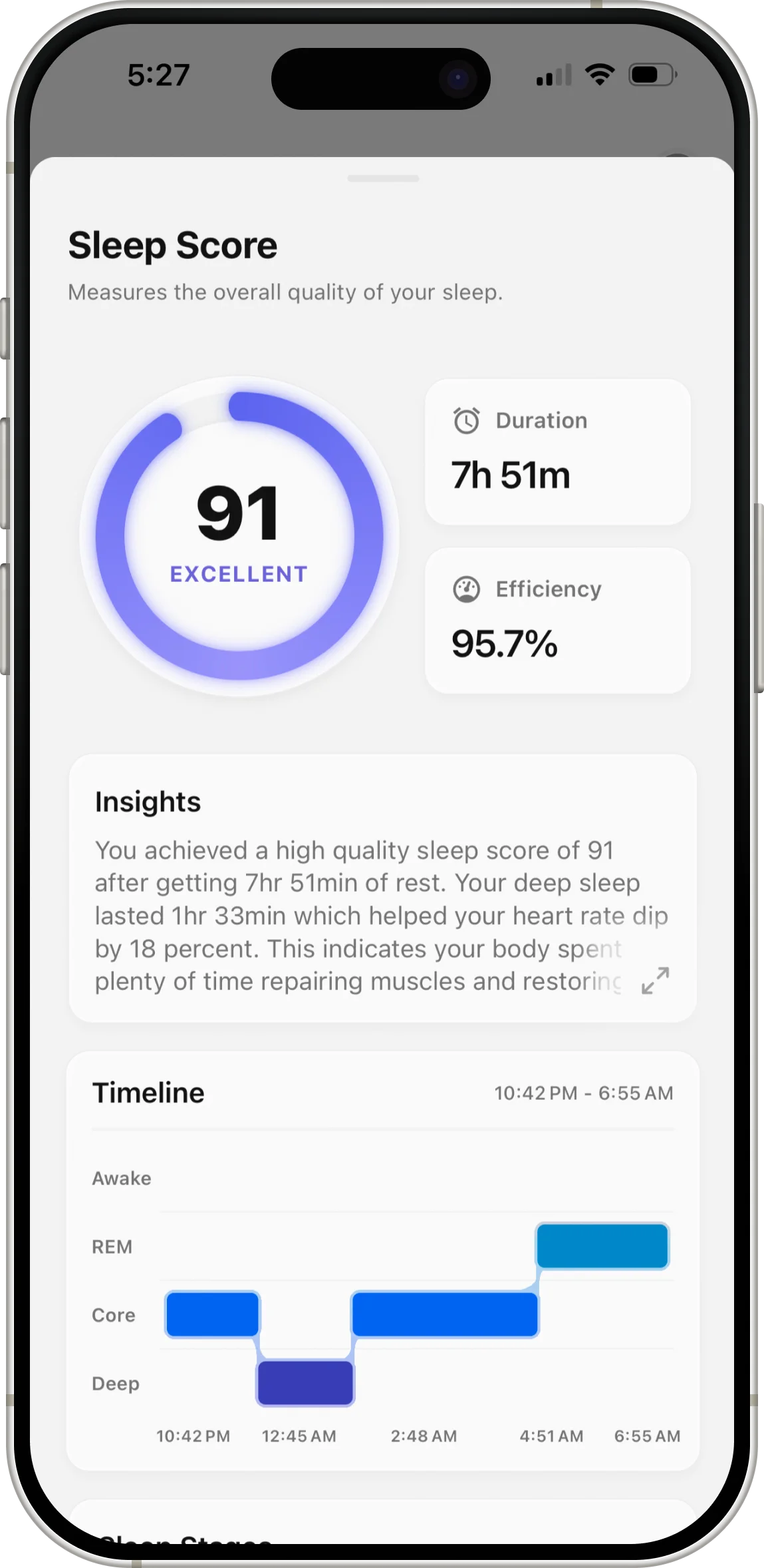 Ness app sleep screen showing last night's sleep stages and a recovery trend over time.